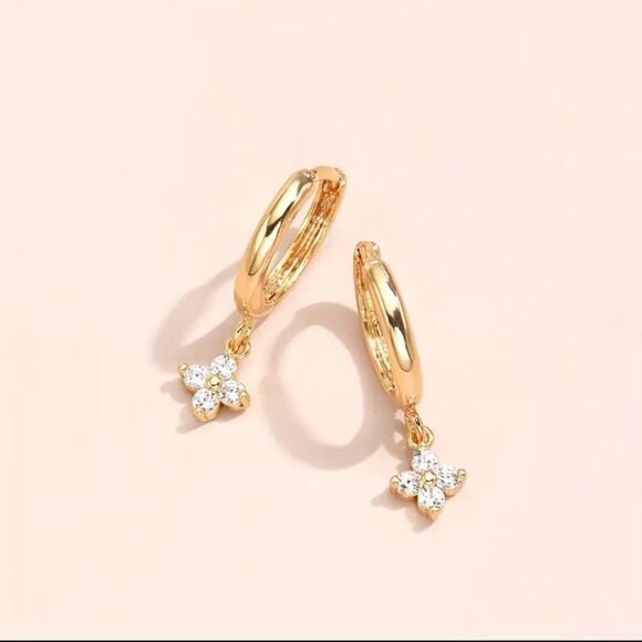 14K Gold Plated Elegant Clover Zirco Huggies Shaped Dangle Hoop Earrings - Picture 5 of 5